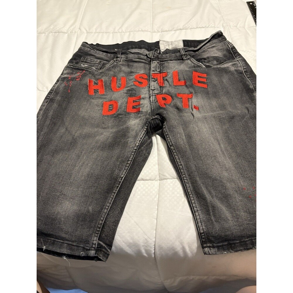Evolution Design Shorts Mens 36 Black Denim Distressed Front Spell Out
